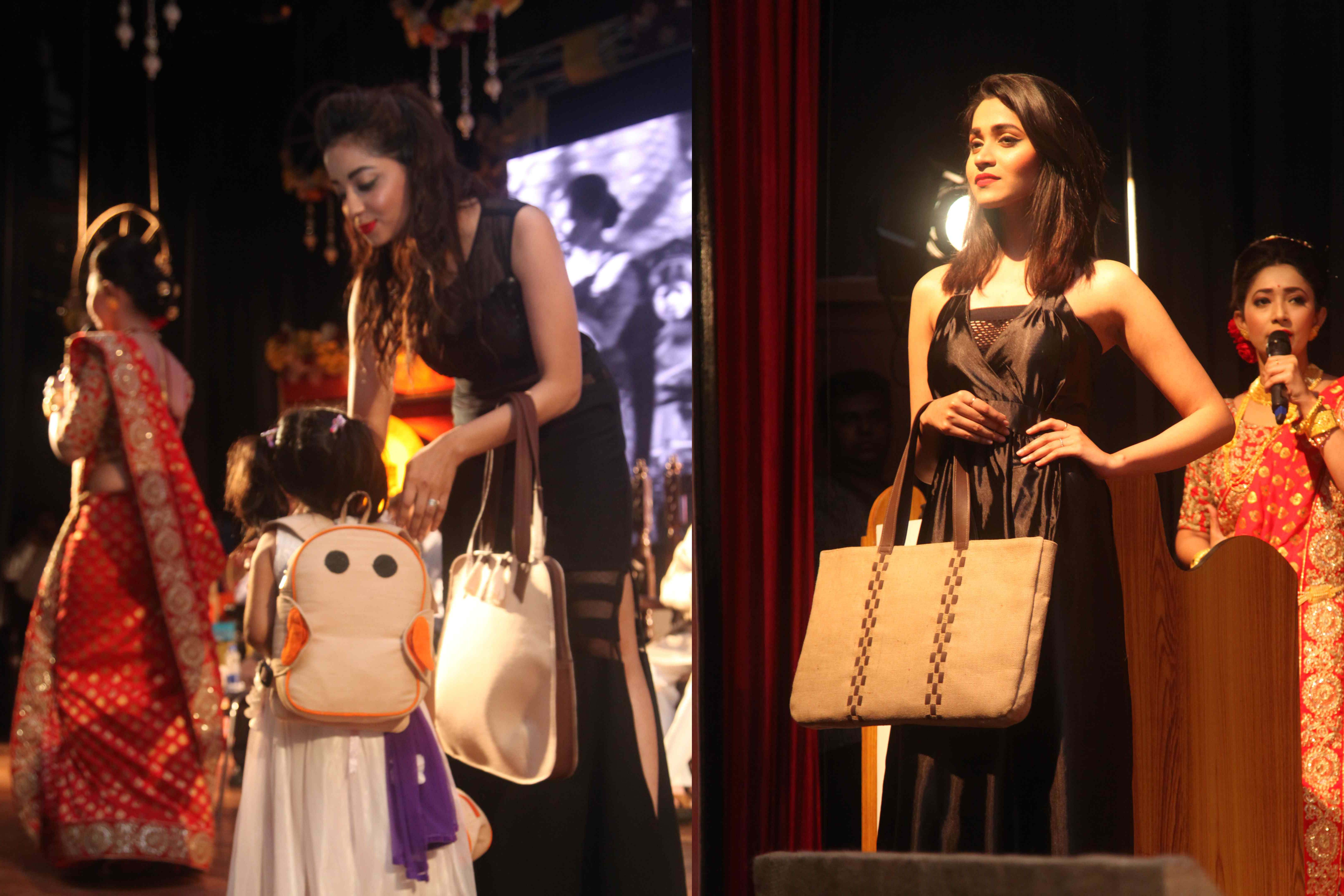 Models showcasing jute fashion/utility bags, newly designed by NID, Gandhinagar in Collaboration with NJB and Jute Industry